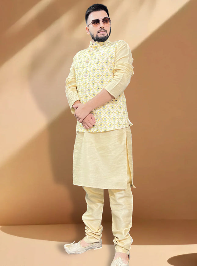 Cream Silk Kurta Set with Yellow Jacket