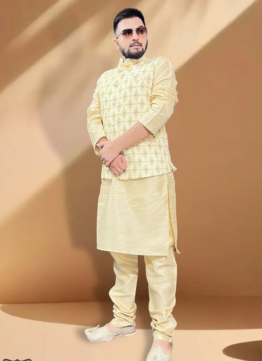 Cream Silk Kurta Set with Yellow Jacket