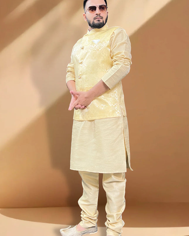 Cream Silk Kurta Set with Yellow Jacket