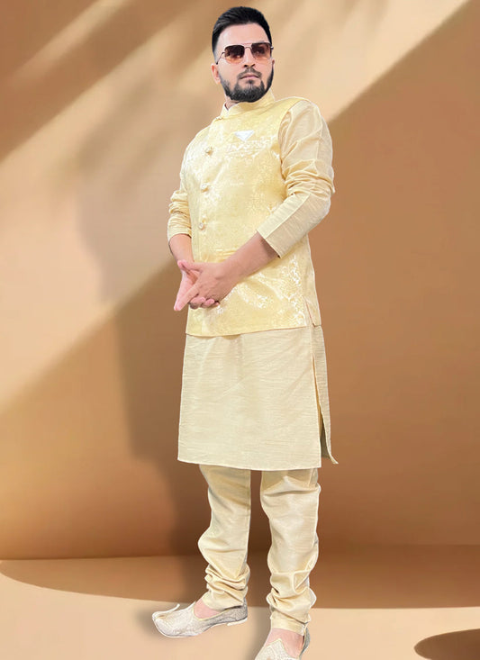 Cream Silk Kurta Set with Yellow Jacket