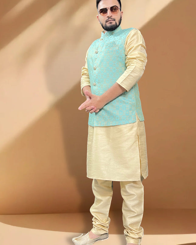 Cream Silk Kurta Set with Sky Blue Jacket