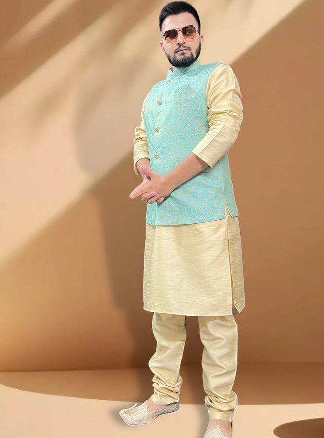Cream Silk Kurta Set with Sky Blue Jacket