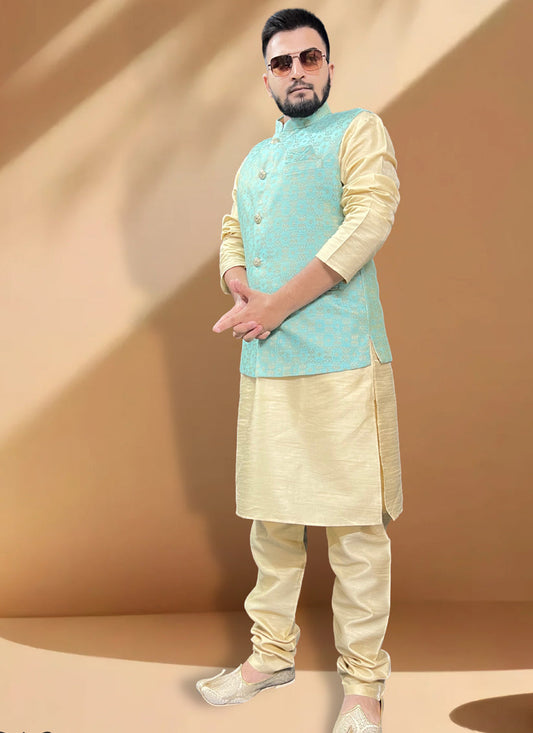Cream Silk Kurta Set with Sky Blue Jacket