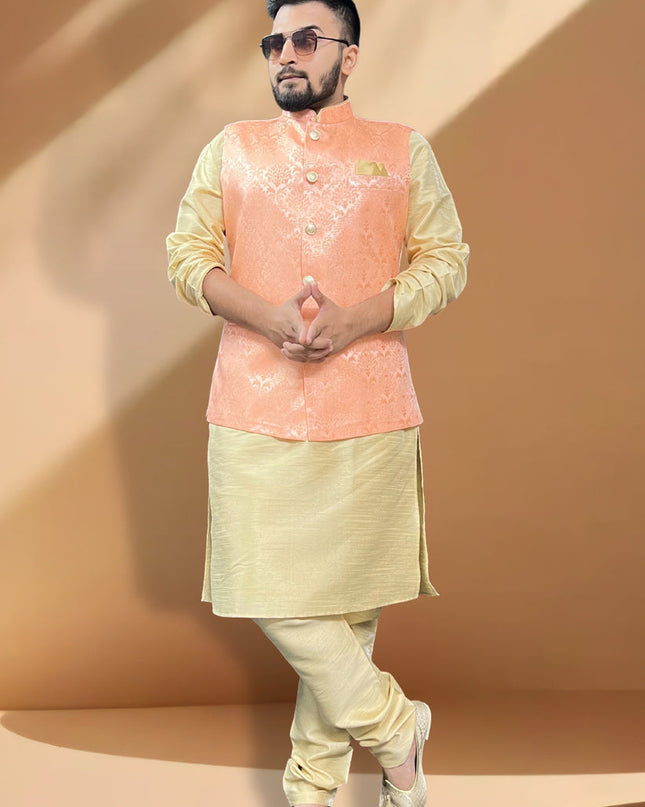 Cream Silk Kurta Set with Orange Jacket