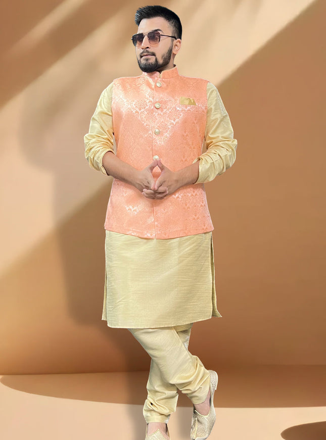 Cream Silk Kurta Set with Orange Jacket