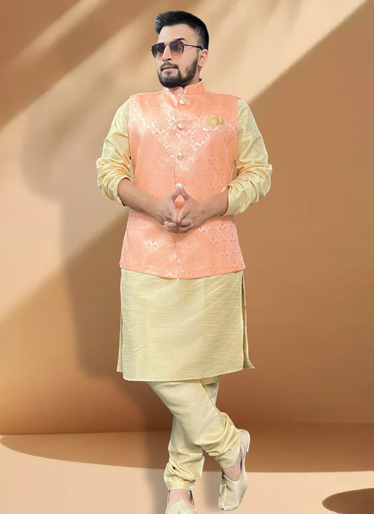 Cream Silk Kurta Set with Orange Jacket