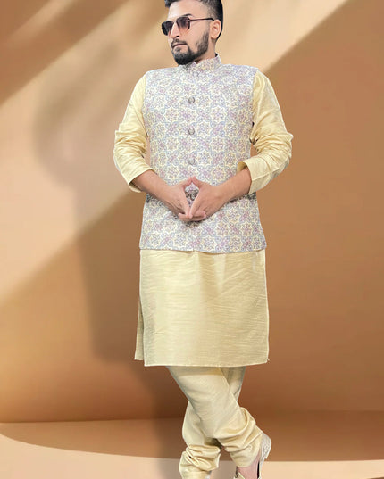 Cream Silk Kurta Set with Cream Jacket