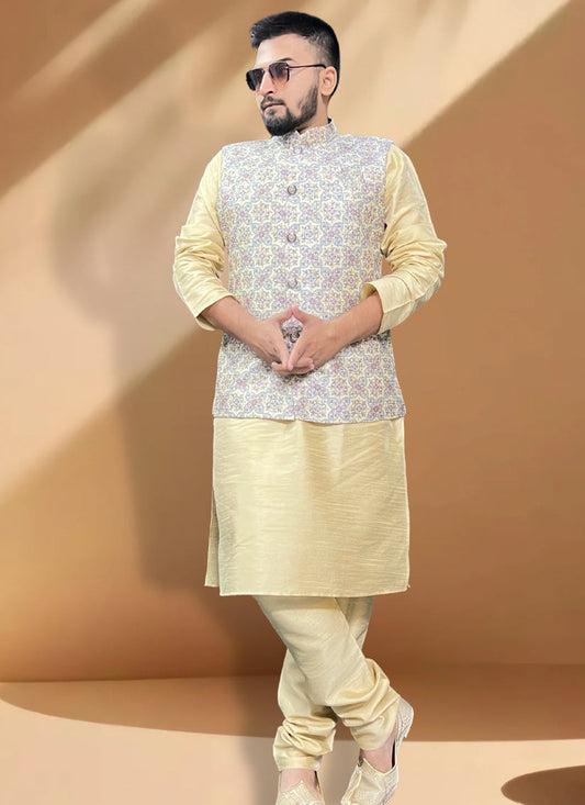 Cream Silk Kurta Set with Cream Jacket
