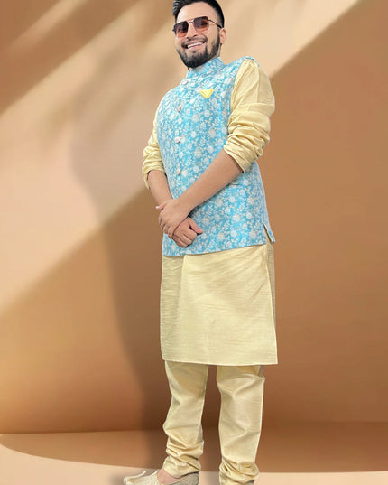 Cream Silk Kurta Set with Cream Jacket
