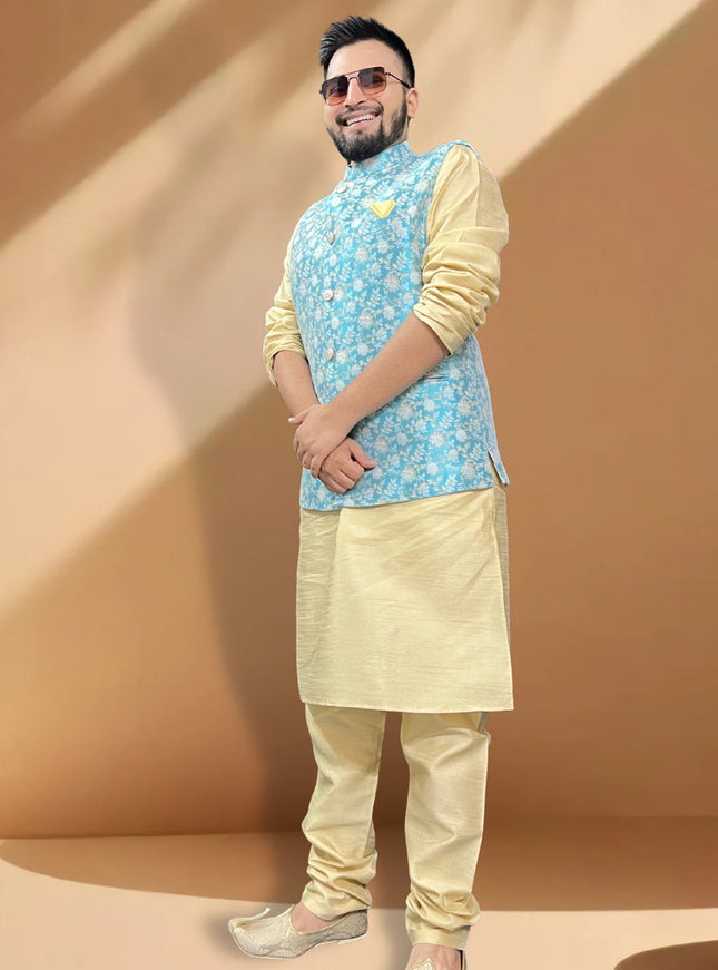 Cream Silk Kurta Set with Cream Jacket