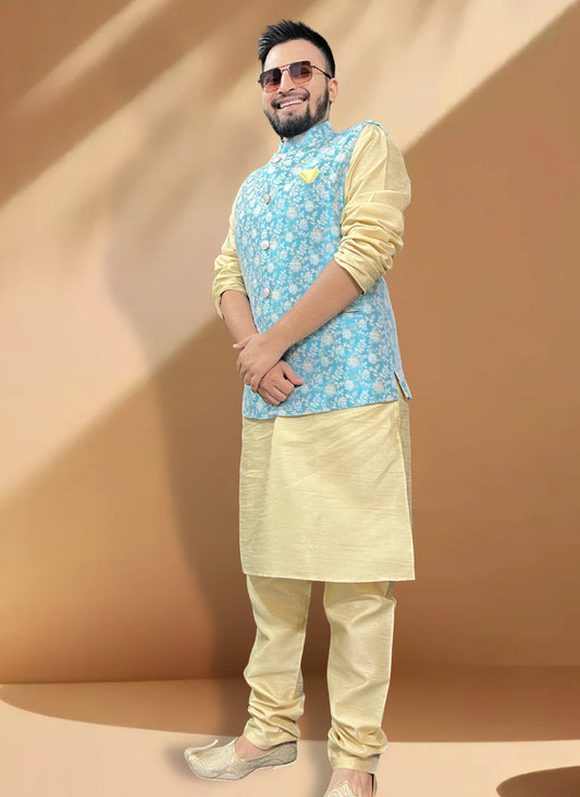 Cream Silk Kurta Set with Cream Jacket