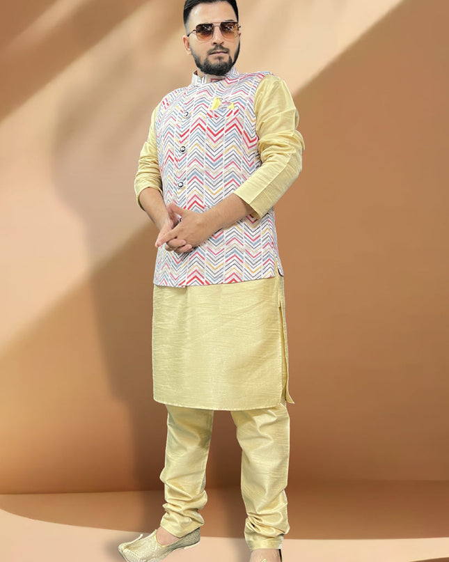 Cream Silk Kurta Set with Light Grey Jacket