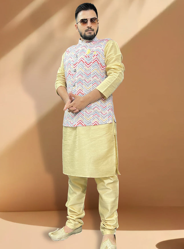 Cream Silk Kurta Set with Light Grey Jacket