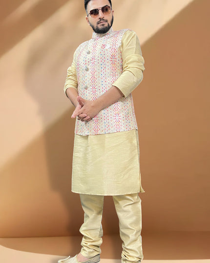Cream Silk Kurta Set with Cream Jacket