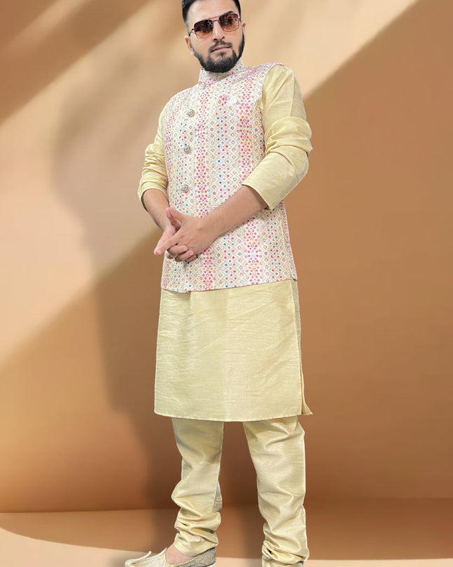 Cream Silk Kurta Set with Cream Jacket