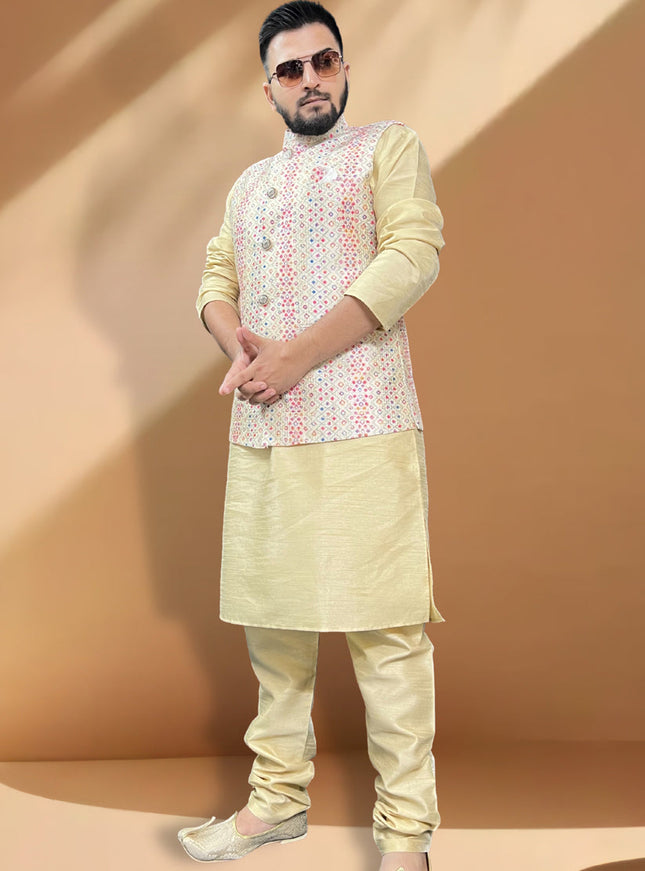 Cream Silk Kurta Set with Cream Jacket