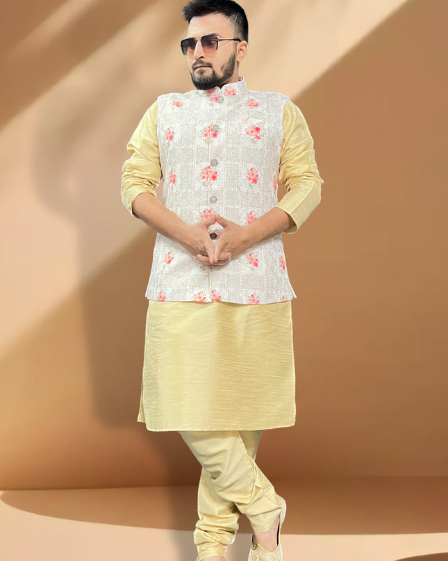 Cream Silk Kurta Set with Grey Jacket