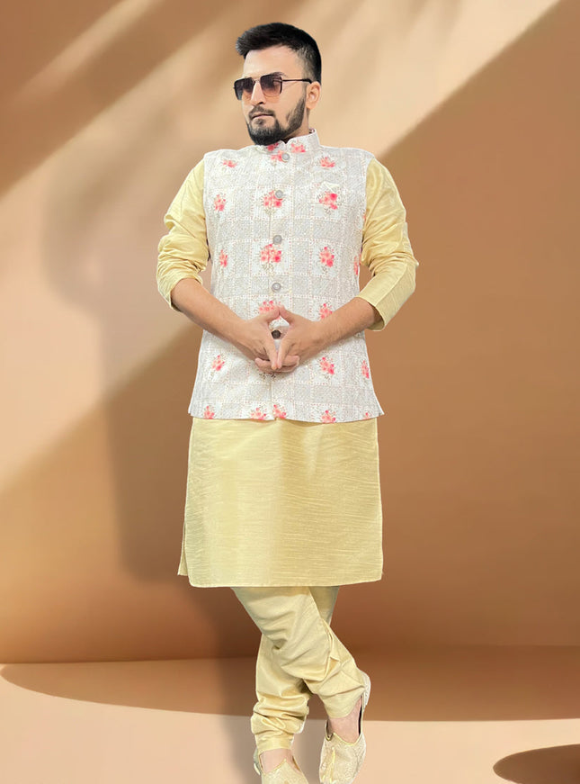 Cream Silk Kurta Set with Grey Jacket
