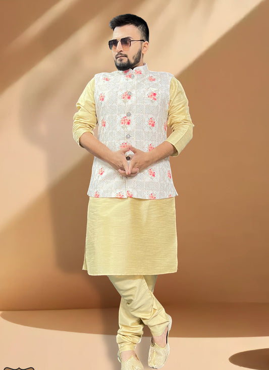 Cream Silk Kurta Set with Grey Jacket