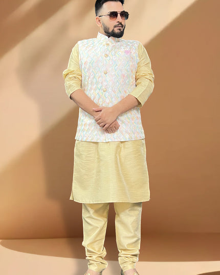 Cream Silk Kurta Set with White Jacket