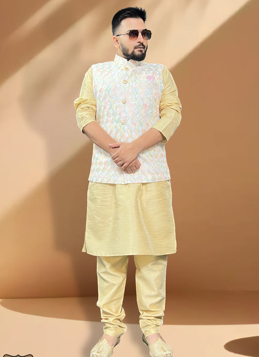 Cream Silk Kurta Set with White Jacket