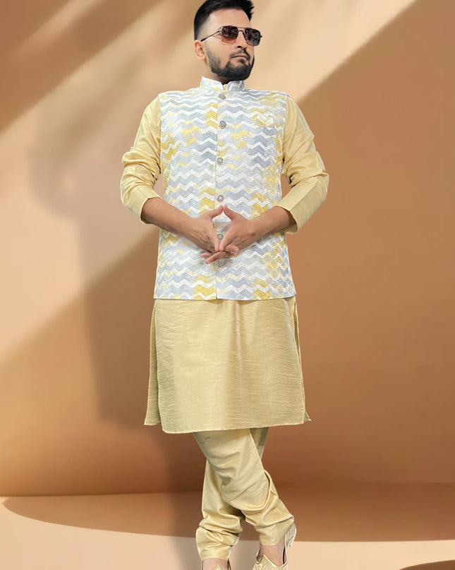 Cream Silk Kurta Set with Grey Jacket