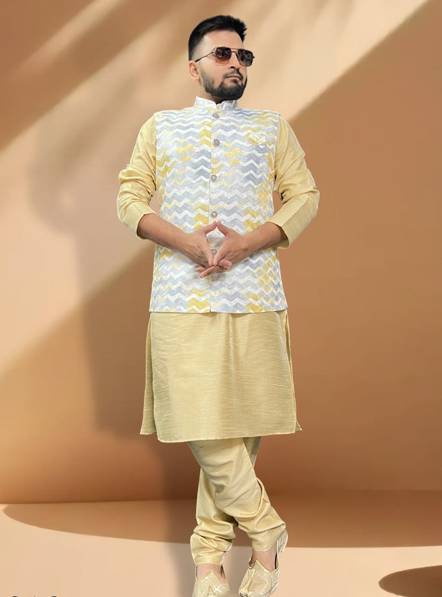 Cream Silk Kurta Set with Grey Jacket