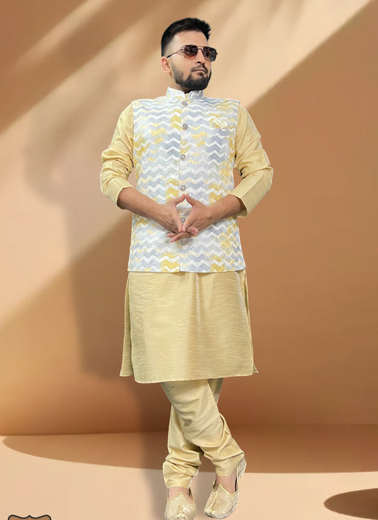 Cream Silk Kurta Set with Grey Jacket