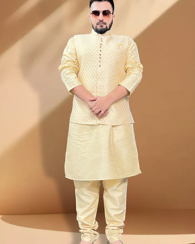 Cream Silk Kurta Set with Cream Jacket