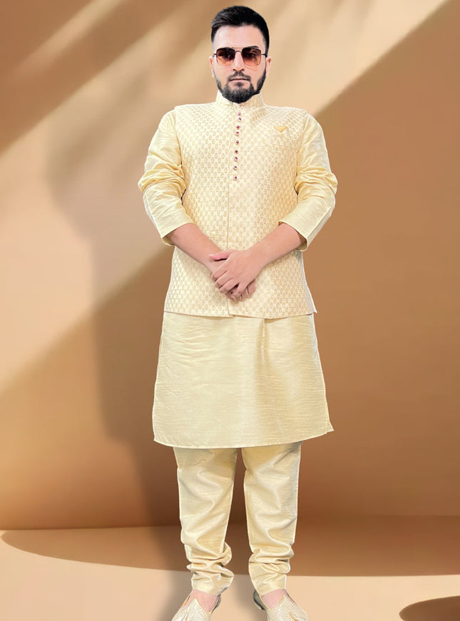 Cream Silk Kurta Set with Cream Jacket
