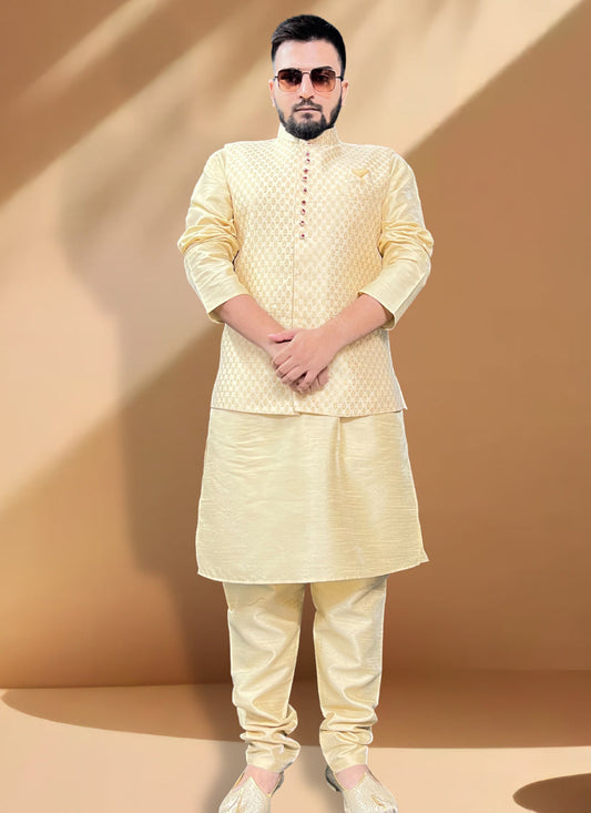 Cream Silk Kurta Set with Cream Jacket