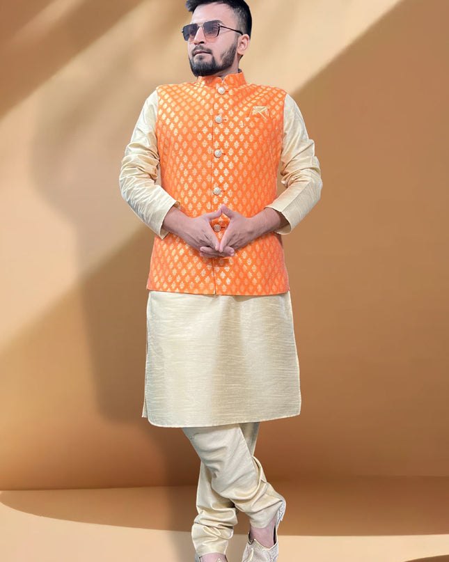 Cream Silk Kurta Set with Orange Jacket