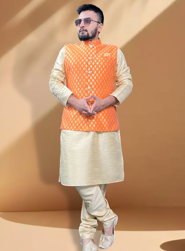 Cream Silk Kurta Set with Orange Jacket