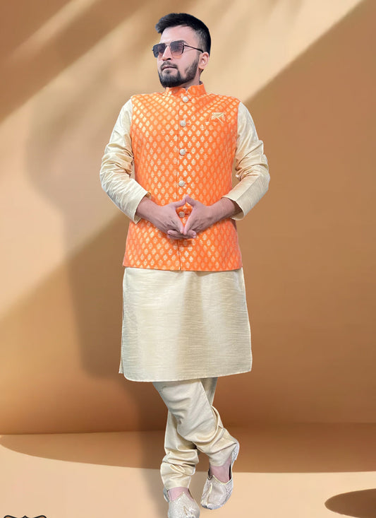 Cream Silk Kurta Set with Orange Jacket