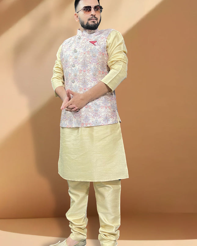 Cream Silk Kurta Set with Grey Jacket