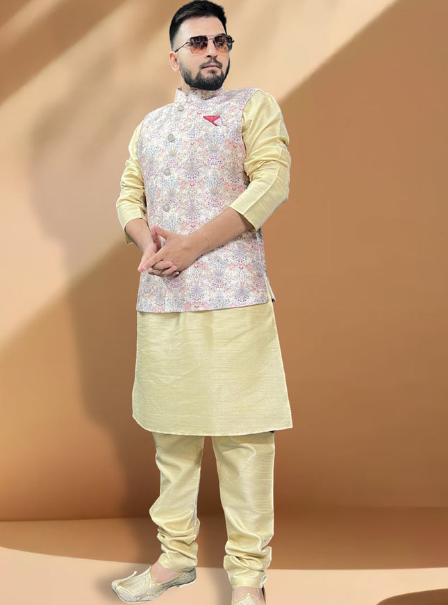 Cream Silk Kurta Set with Grey Jacket