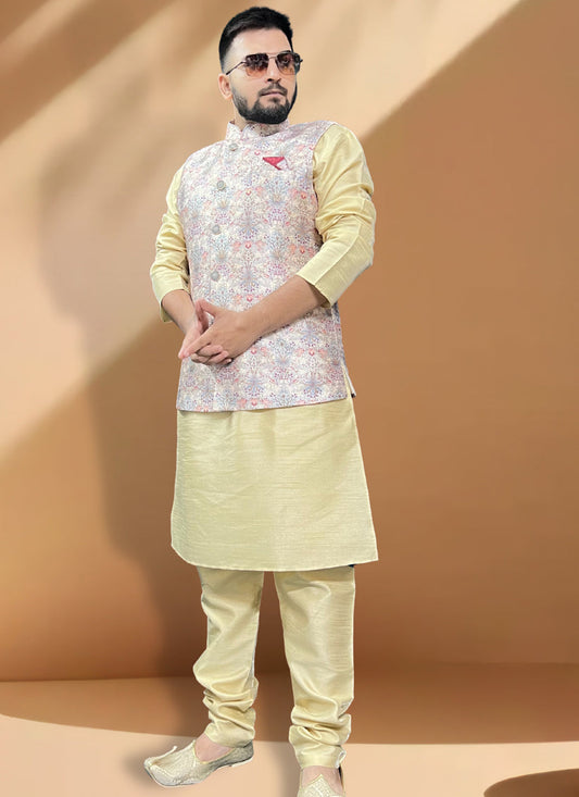 Cream Silk Kurta Set with Grey Jacket
