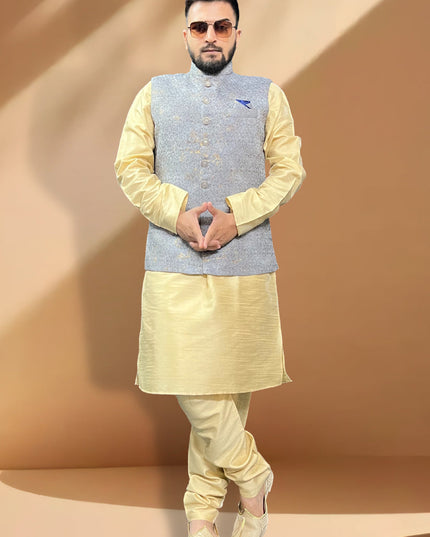 Ceam Silk Kurta Set with Grey Jacket