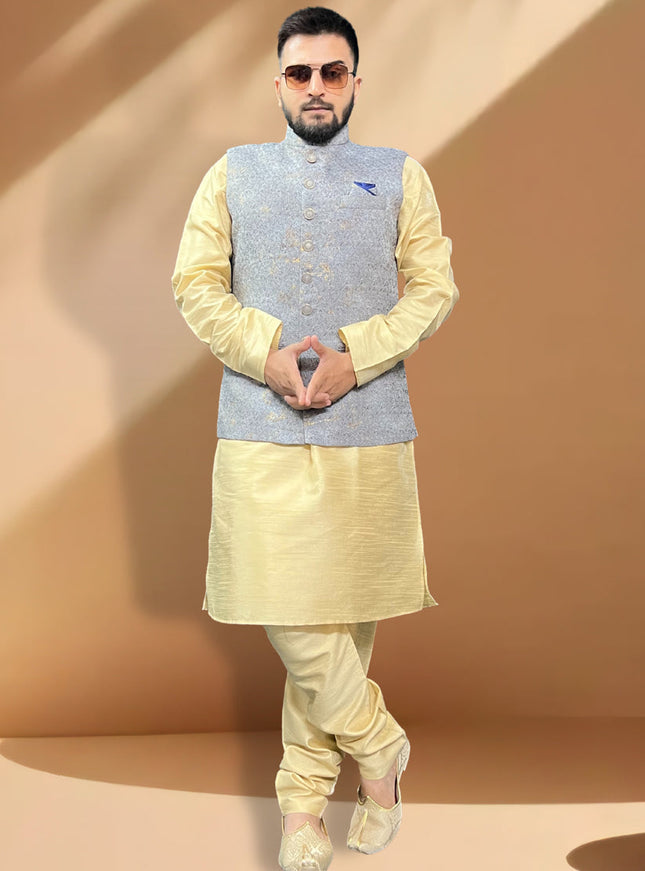 Ceam Silk Kurta Set with Grey Jacket