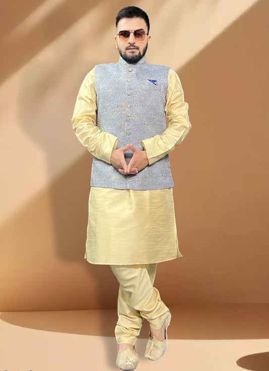 Ceam Silk Kurta Set with Grey Jacket