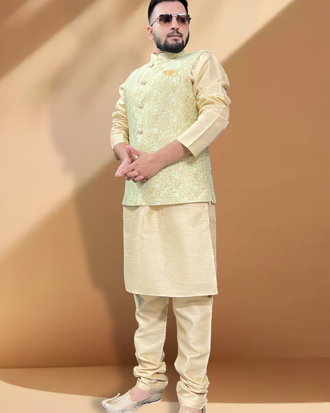Ceram Silk Kurta Set with Green Jacket