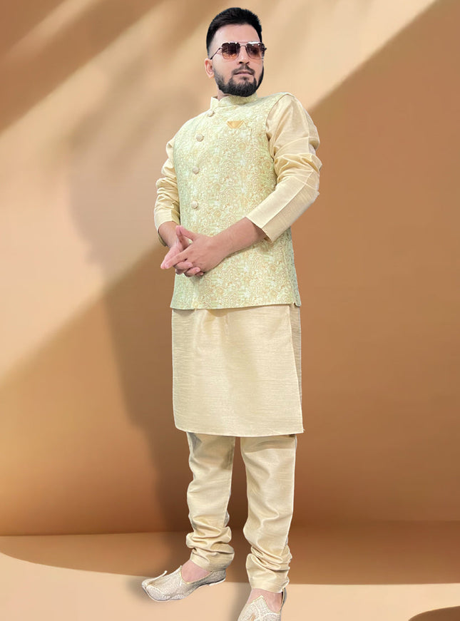 Ceram Silk Kurta Set with Green Jacket