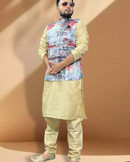 Ceram Silk Kurta Set with Multicolor Jacket