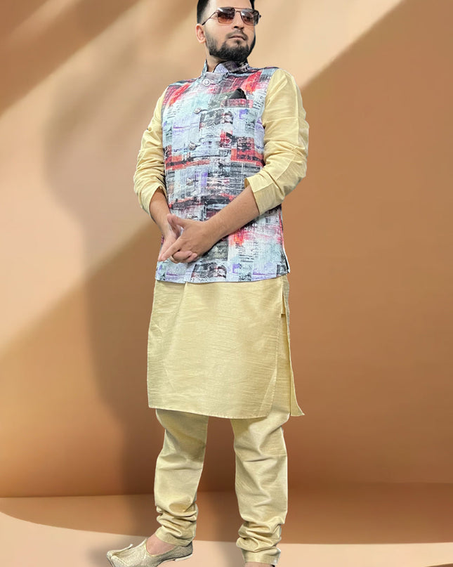 Ceram Silk Kurta Set with Multicolor Jacket