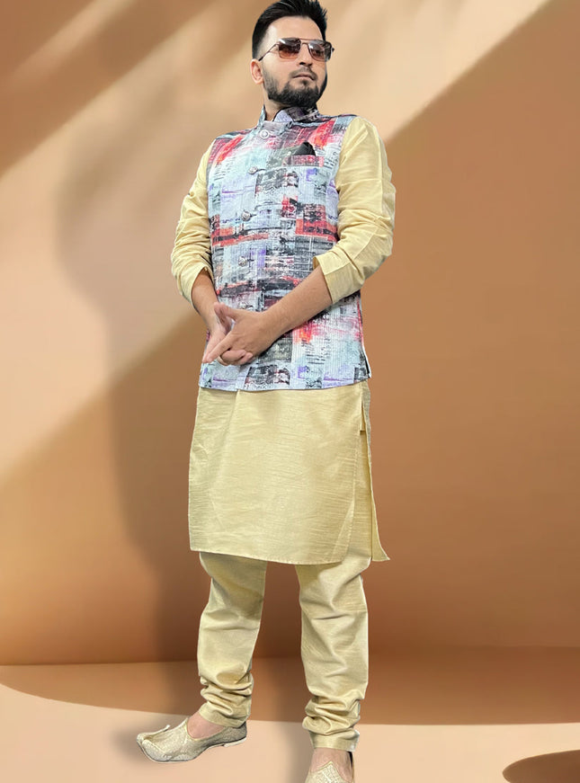 Ceram Silk Kurta Set with Multicolor Jacket