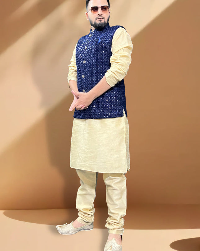 Ceram Silk Kurta Set with Blue Jacket
