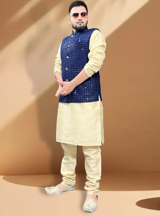 Ceram Silk Kurta Set with Blue Jacket