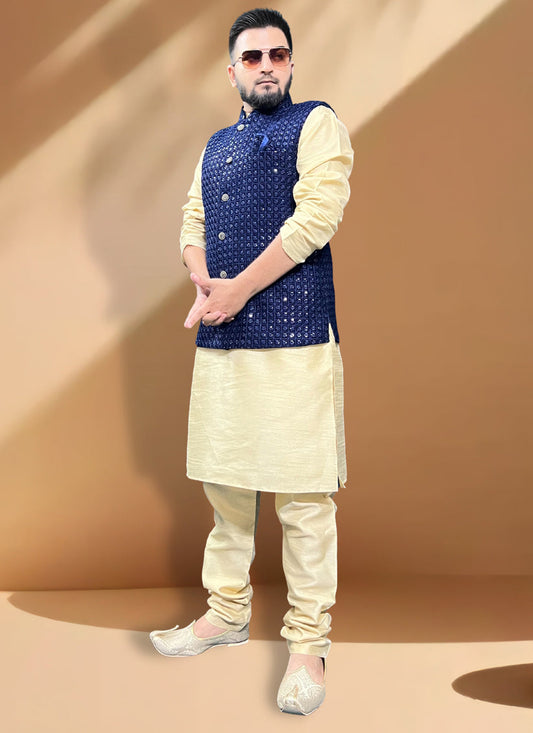 Ceram Silk Kurta Set with Blue Jacket