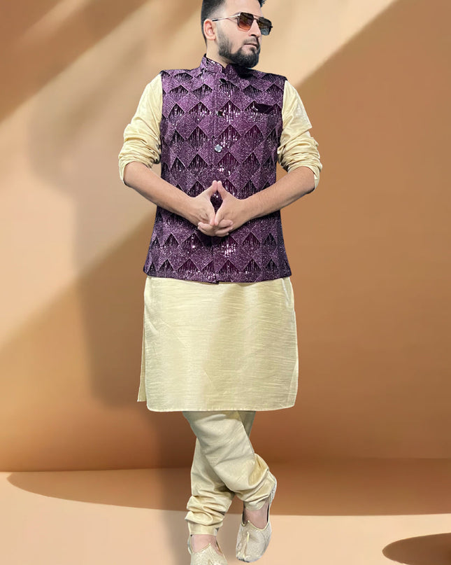 Ceram Silk Kurta Set with Wine Jacket