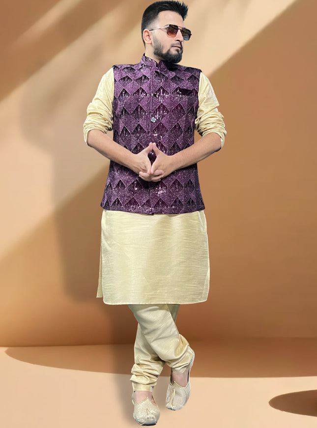 Ceram Silk Kurta Set with Wine Jacket